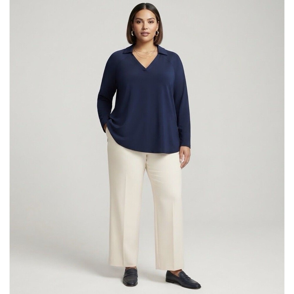 NWT J. Jill Wearever Collection Navy Blue V Neck Johnny Collar Top Size 2X $79